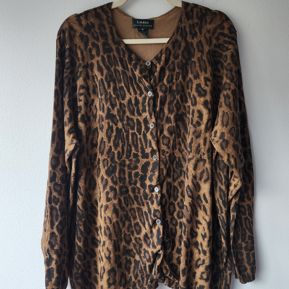Lauren Ralph Lauren Brown Leopard Print Cardigan Sweater - Picture 10 of 10
